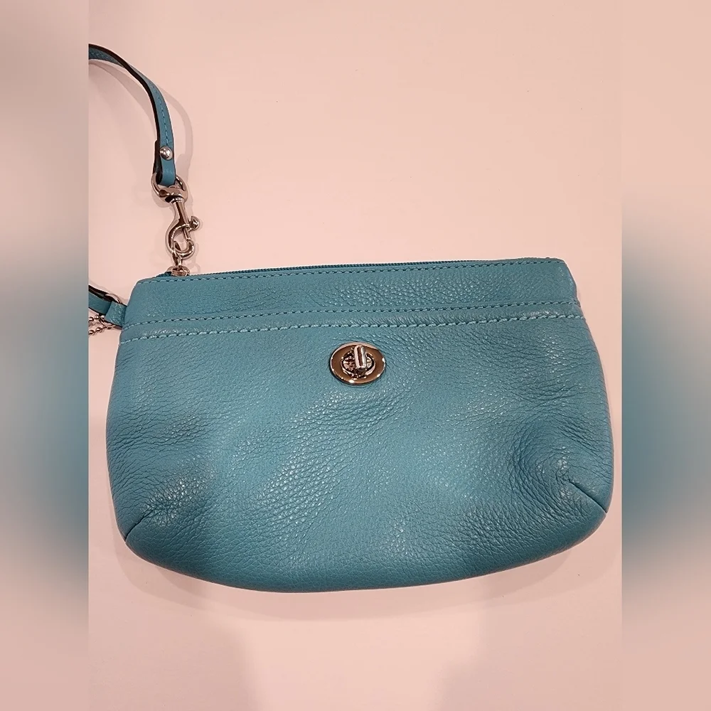 Coach Turquoise Leather Turn Lock Medium Wristlet